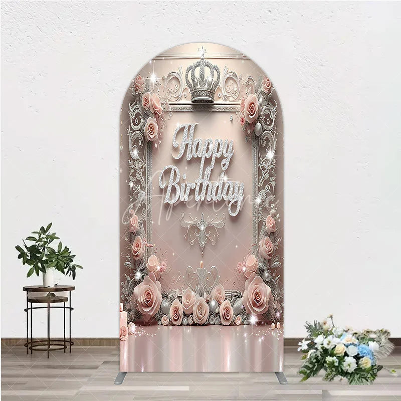 Aperturee - Aperturee Princess Happy Birthday Arch Backdrop Royal Pink and Silver with Crown Elegant Queen Themed Party Decor