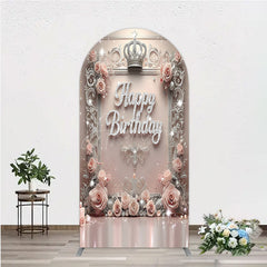 Aperturee - Aperturee Princess Happy Birthday Arch Backdrop Royal Pink and Silver with Crown Elegant Queen Themed Party Decor