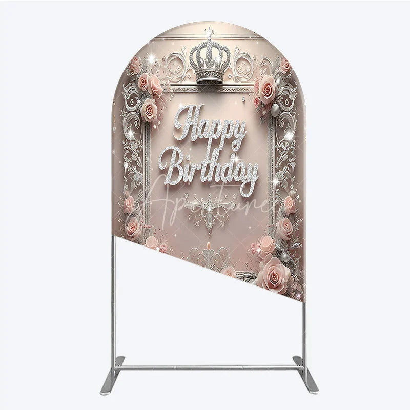 Aperturee - Aperturee Princess Happy Birthday Arch Backdrop Royal Pink and Silver with Crown Elegant Queen Themed Party Decor