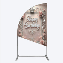Aperturee - Aperturee Princess Happy Birthday Half Moon Arch Backdrop Royal Pink and Silver with Crown Elegant Queen Themed Party Decor