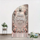 Aperturee - Aperturee Princess Happy Birthday Half Moon Arch Backdrop Royal Pink and Silver with Crown Elegant Queen Themed Party Decor