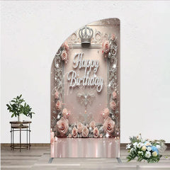 Aperturee - Aperturee Princess Happy Birthday Half Moon Arch Backdrop Royal Pink and Silver with Crown Elegant Queen Themed Party Decor