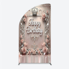 Aperturee - Aperturee Princess Happy Birthday Half Moon Arch Backdrop Royal Pink and Silver with Crown Elegant Queen Themed Party Decor