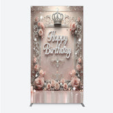 Aperturee - Aperturee Princess Happy Birthday Rectangle Backdrop Royal Pink and Silver with Crown Elegant Queen Themed Party Decor