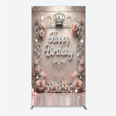 Aperturee - Aperturee Princess Happy Birthday Rectangle Backdrop Royal Pink and Silver with Crown Elegant Queen Themed Party Decor