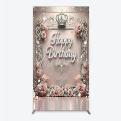 Aperturee - Aperturee Princess Happy Birthday Rectangle Backdrop Royal Pink and Silver with Crown Elegant Queen Themed Party Decor