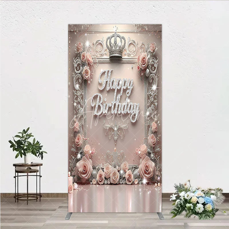 Aperturee - Aperturee Princess Happy Birthday Rectangle Backdrop Royal Pink and Silver with Crown Elegant Queen Themed Party Decor