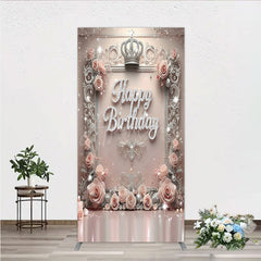 Aperturee - Aperturee Princess Happy Birthday Rectangle Backdrop Royal Pink and Silver with Crown Elegant Queen Themed Party Decor