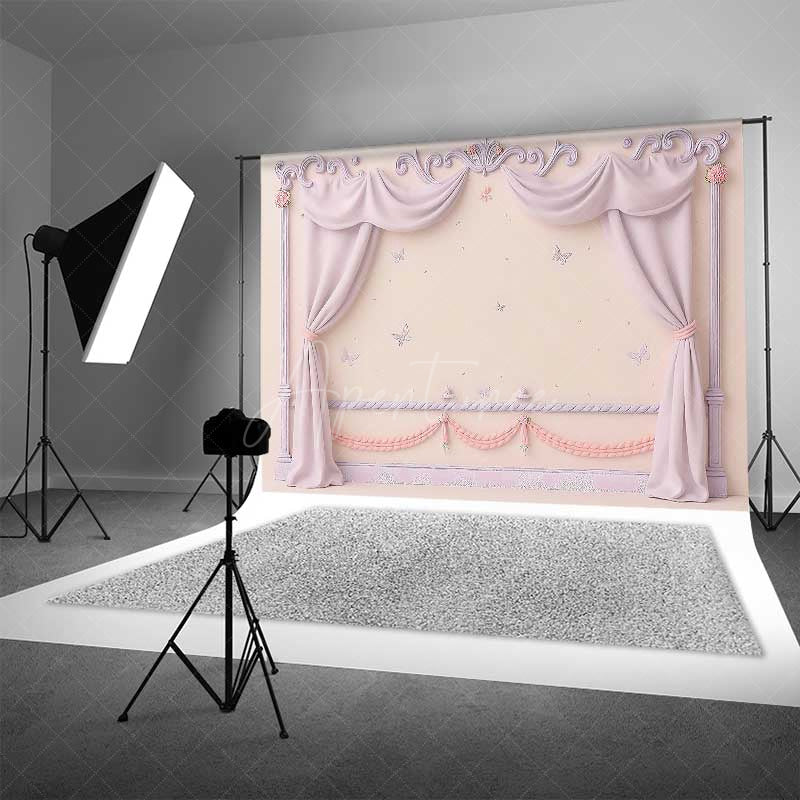 Aperturee Aperturee Princess Room Wall Photography Backdrop Pink Curtains and Butterflies Wall Decor Fairytale Bedroom Photo Prop