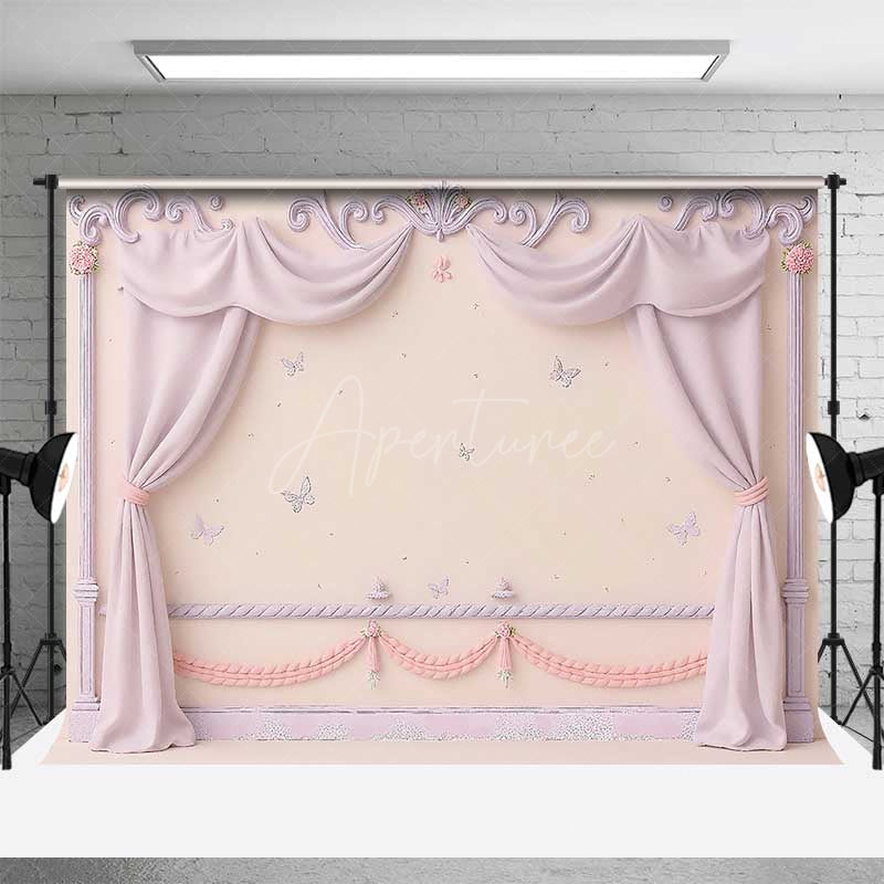 Aperturee Aperturee Princess Room Wall Photography Backdrop Pink Curtains and Butterflies Wall Decor Fairytale Bedroom Photo Prop