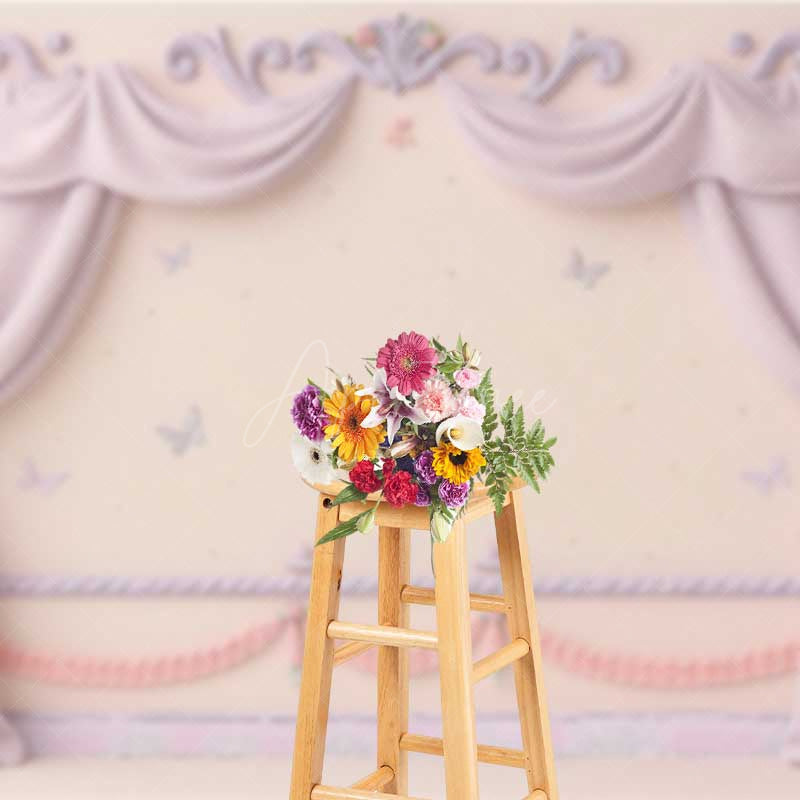 Aperturee Aperturee Princess Room Wall Photography Backdrop Pink Curtains and Butterflies Wall Decor Fairytale Bedroom Photo Prop