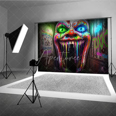 Aperturee - Aperturee Psychedelic Neon Dripping Clown Face Holiday Backdrop Grim Circus Horror Theme Party Decor with Toxic Graffiti