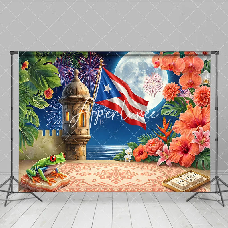 Aperturee - Aperturee Puerto Rican Flag Tropical Holiday Backdrop with Full Moon Fortress and Festive Pyrotechnic Display