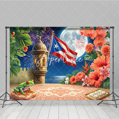 Aperturee - Aperturee Puerto Rican Flag Tropical Holiday Backdrop with Full Moon Fortress and Festive Pyrotechnic Display