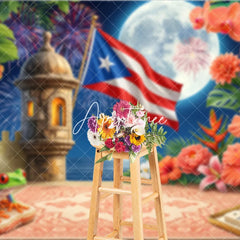 Aperturee - Aperturee Puerto Rican Flag Tropical Holiday Backdrop with Full Moon Fortress and Festive Pyrotechnic Display