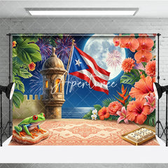 Aperturee - Aperturee Puerto Rican Flag Tropical Holiday Backdrop with Full Moon Fortress and Festive Pyrotechnic Display