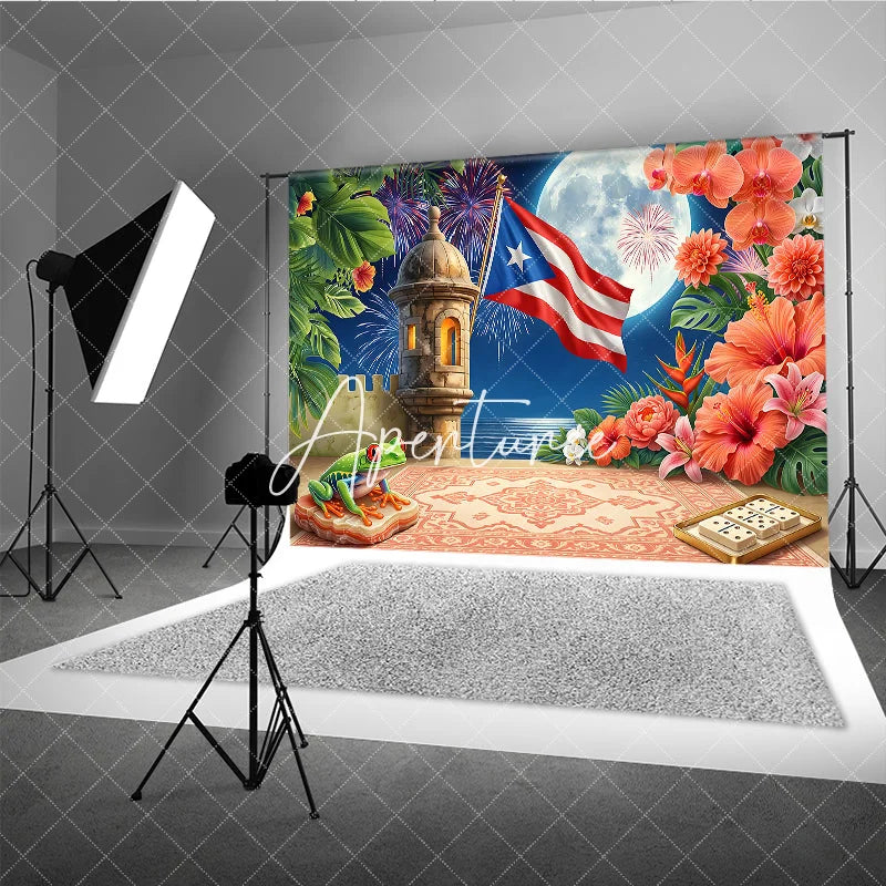 Aperturee - Aperturee Puerto Rican Flag Tropical Holiday Backdrop with Full Moon Fortress and Festive Pyrotechnic Display