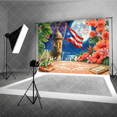 Aperturee - Aperturee Puerto Rican Flag Tropical Holiday Backdrop with Full Moon Fortress and Festive Pyrotechnic Display