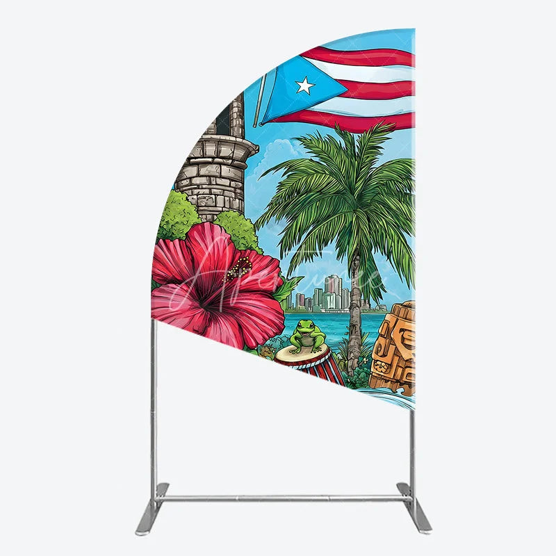 Aperturee - Aperturee Puerto Rico Flag and Tropical Flowers Half Moon Arch Backdrop Vibrant Caribbean Island Party Decor