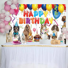 Aperturee - Aperturee Puppy Dog Birthday Backdrop Happy Birthday with Balloons Cake and Pets Party Photo Booth Props