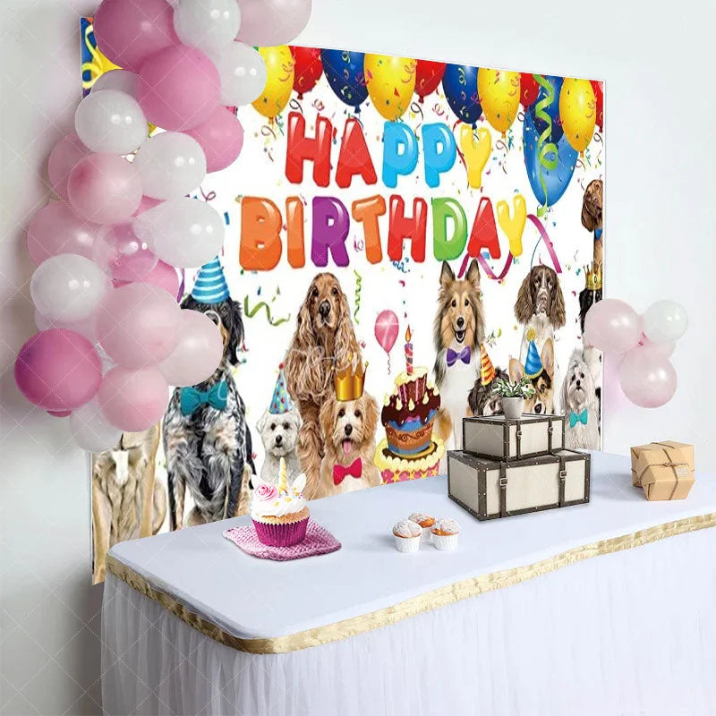 Aperturee - Aperturee Puppy Dog Birthday Backdrop Happy Birthday with Balloons Cake and Pets Party Photo Booth Props