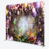 Aperturee - Aperturee Purple and Gold Balloons Enchanted Forest Square Double-Sided Backdrop Fairytale Garden Birthday Party Decor.