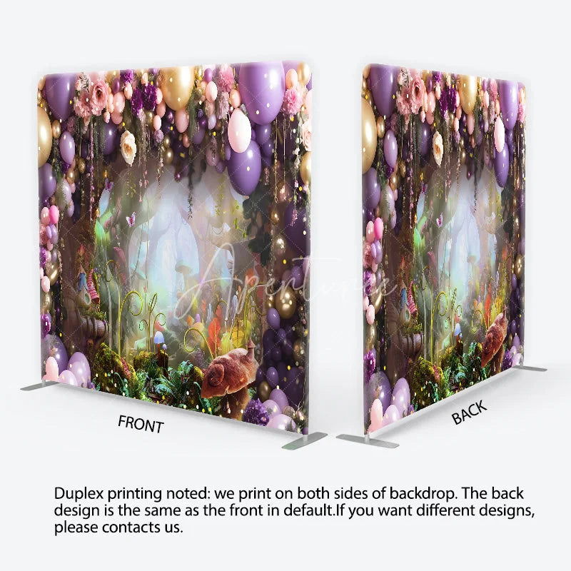 Aperturee - Aperturee Purple and Gold Balloons Enchanted Forest Square Double-Sided Backdrop Fairytale Garden Birthday Party Decor.