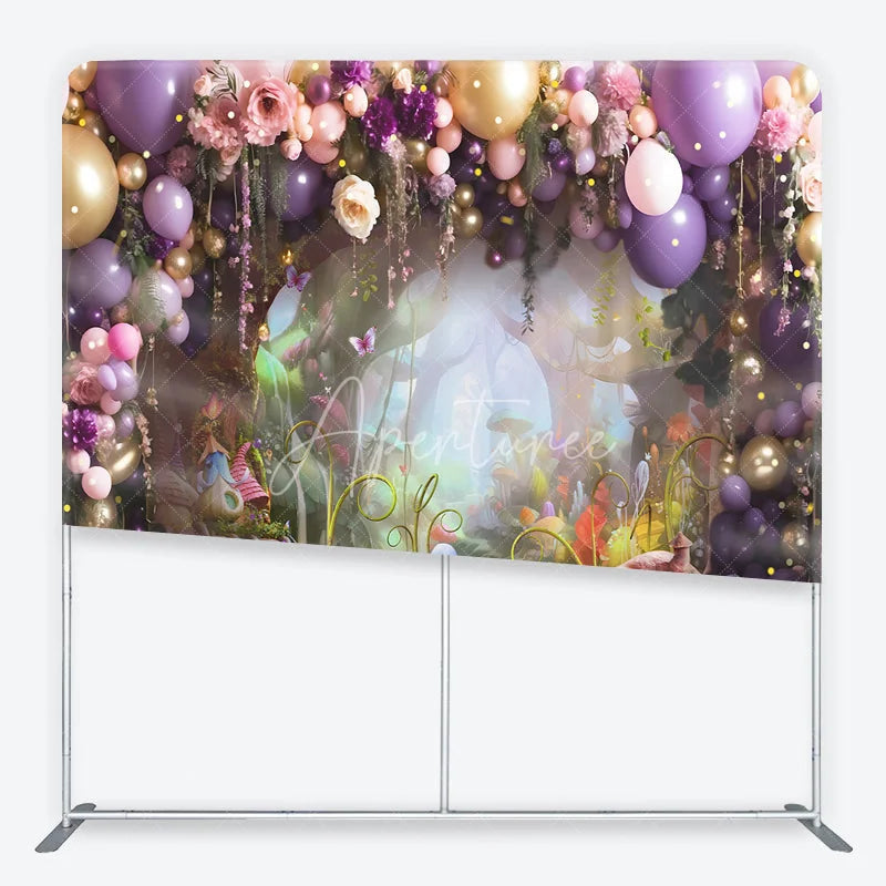 Aperturee - Aperturee Purple and Gold Balloons Enchanted Forest Square Double-Sided Backdrop Fairytale Garden Birthday Party Decor.
