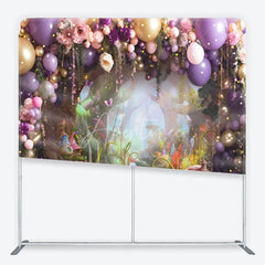 Aperturee - Aperturee Purple and Gold Balloons Enchanted Forest Square Double-Sided Backdrop Fairytale Garden Birthday Party Decor.