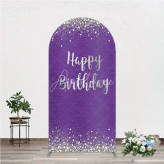 Aperturee - Aperturee Purple and Silver Glitter Happy Birthday Round Top Arch Backdrop Elegant Diamond Sparkle Party Decor
