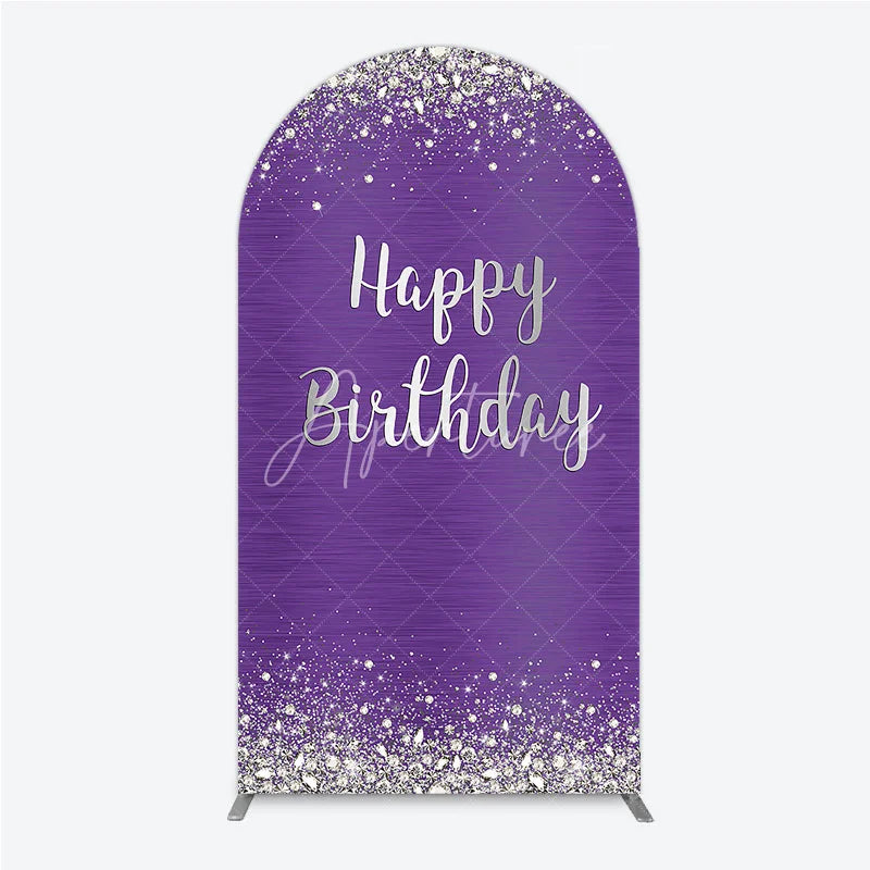 Aperturee - Aperturee Purple and Silver Glitter Happy Birthday Round Top Arch Backdrop Elegant Diamond Sparkle Party Decor