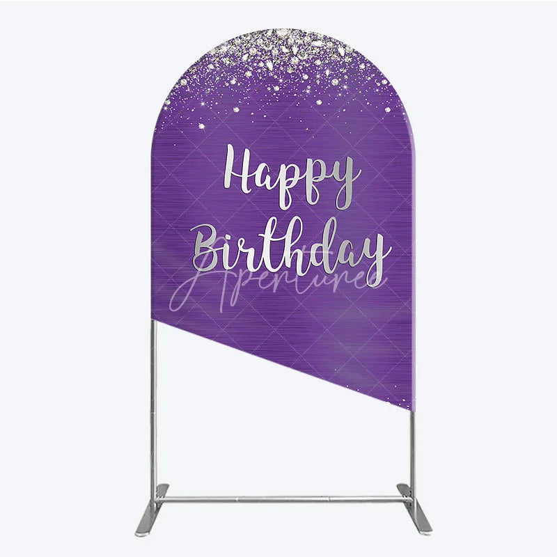 Aperturee - Aperturee Purple and Silver Glitter Happy Birthday Round Top Arch Backdrop Elegant Diamond Sparkle Party Decor