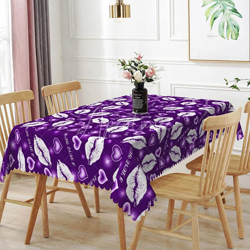 Aperturee - Aperturee Purple Background White Kiss Lip Rectangle Tablecloth I Love You Text Print Fun Galentine Party Decor
