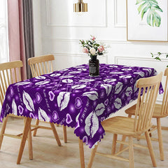 Aperturee - Aperturee Purple Background White Kiss Lip Rectangle Tablecloth I Love You Text Print Fun Galentine Party Decor
