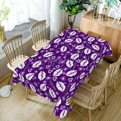 Aperturee - Aperturee Purple Background White Kiss Lip Rectangle Tablecloth I Love You Text Print Fun Galentine Party Decor