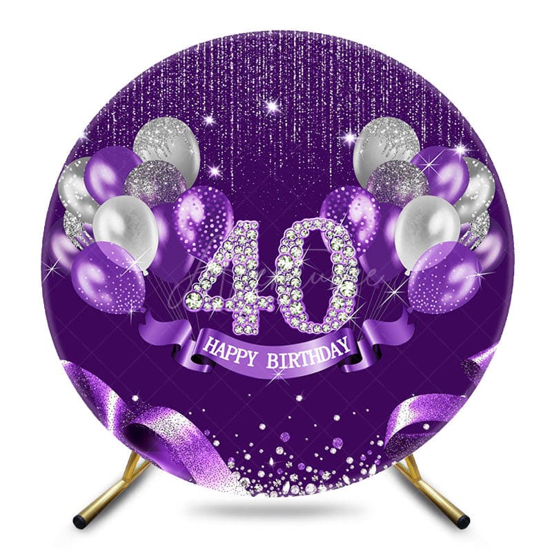 Aperturee - Aperturee Purple Balloons Glitter 40th Birthday Round Backdrop