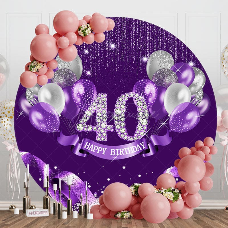 Aperturee - Aperturee Purple Balloons Glitter 40th Birthday Round Backdrop