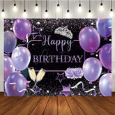 Aperturee - Aperturee Purple Balloons Glitter Crown Happy Birthday Backdrop