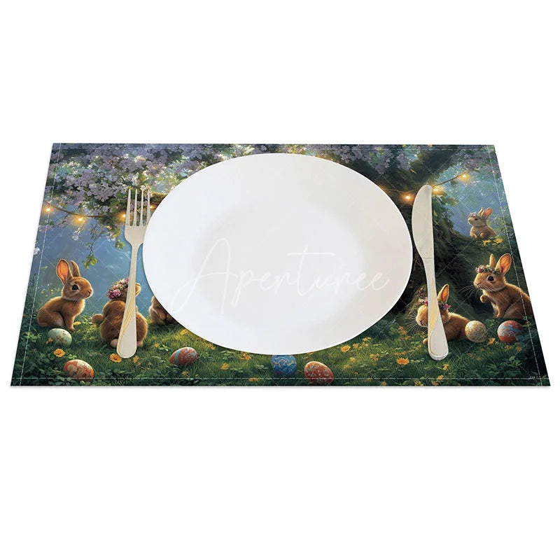 Aperturee - Aperturee Purple Blossom Bunny Set of 4 Placemats Spring Floral Tree Easter Holiday Table Mats Decor