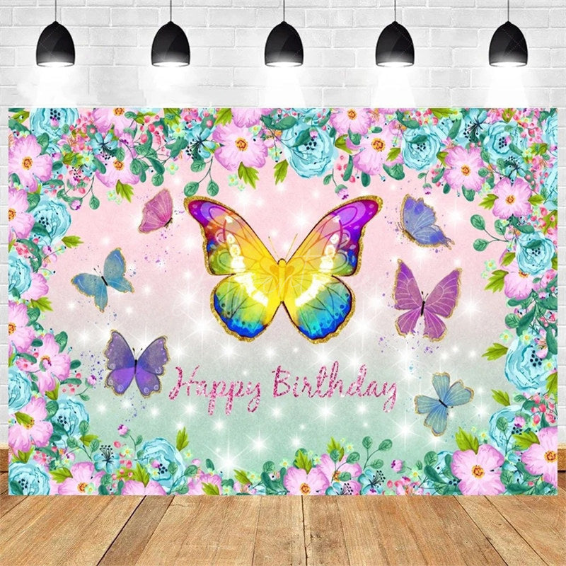 Aperturee - Aperturee Purple Butterfly and Floral Birthday Backdrop Whimsical Garden Vibe for Girl Elegant Sweet Party Photo Prop