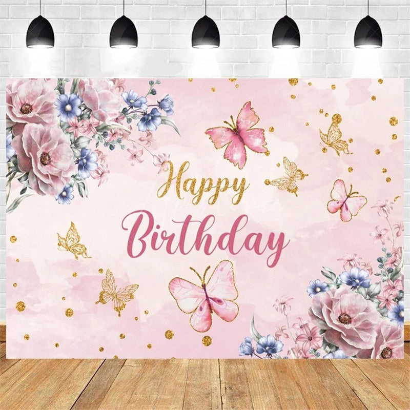 Aperturee - Aperturee Purple Butterfly and Floral Birthday Backdrop Whimsical Garden Vibe for Girl Elegant Sweet Party Photo Prop