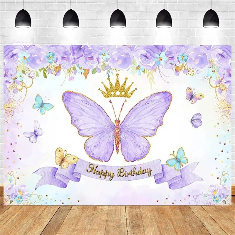 Aperturee - Aperturee Purple Butterfly and Floral Birthday Backdrop Whimsical Garden Vibe for Girl Elegant Sweet Party Photo Prop