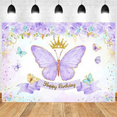 Aperturee - Aperturee Purple Butterfly and Floral Birthday Backdrop Whimsical Garden Vibe for Girl Elegant Sweet Party Photo Prop