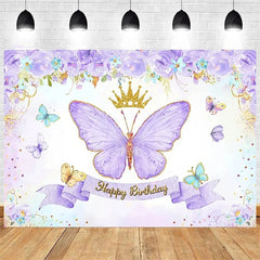 Aperturee - Aperturee Purple Butterfly and Floral Birthday Backdrop Whimsical Garden Vibe for Girl Elegant Sweet Party Photo Prop