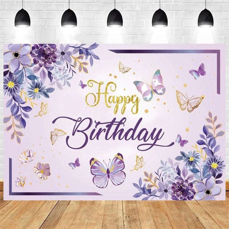 Aperturee - Aperturee Purple Butterfly and Floral Birthday Backdrop Whimsical Garden Vibe for Girl Elegant Sweet Party Photo Prop