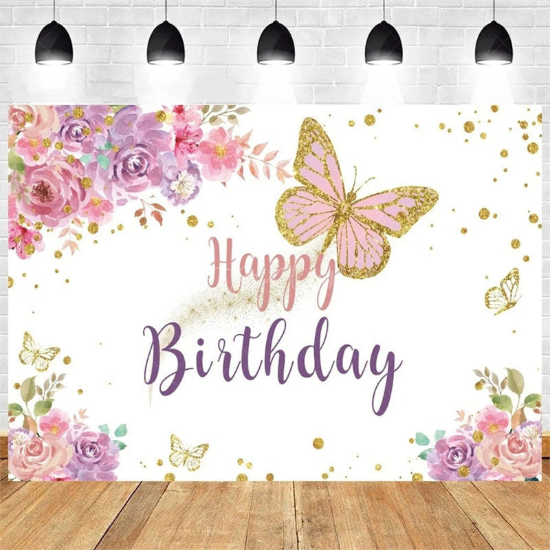 Aperturee - Aperturee Purple Butterfly and Floral Birthday Backdrop Whimsical Garden Vibe for Girl Elegant Sweet Party Photo Prop
