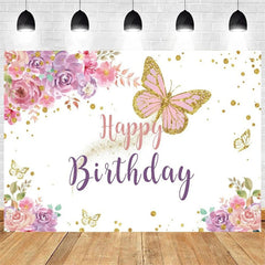 Aperturee - Aperturee Purple Butterfly and Floral Birthday Backdrop Whimsical Garden Vibe for Girl Elegant Sweet Party Photo Prop