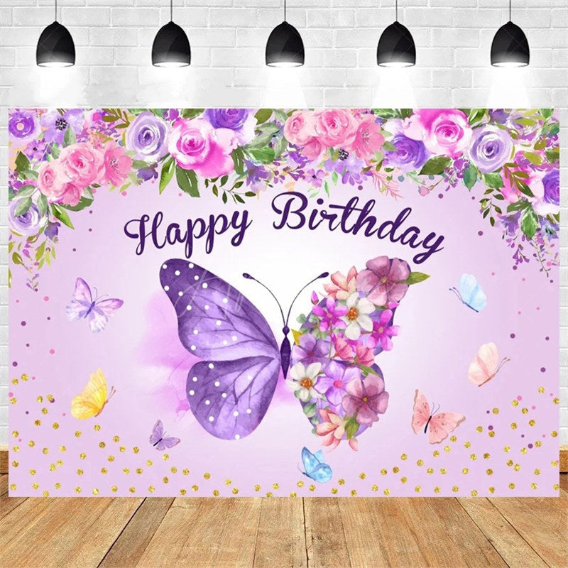 Aperturee - Aperturee Purple Butterfly and Floral Birthday Backdrop Whimsical Garden Vibe for Girl Elegant Sweet Party Photo Prop