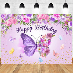 Aperturee - Aperturee Purple Butterfly and Floral Birthday Backdrop Whimsical Garden Vibe for Girl Elegant Sweet Party Photo Prop