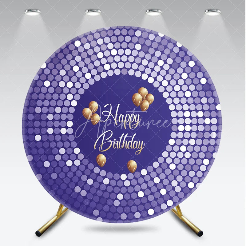 Aperturee - Aperturee Purple Disco Round Backdrop Glittery Sequin Spots Gold Balloons Background Circle Cover for Birthday Party Decoration